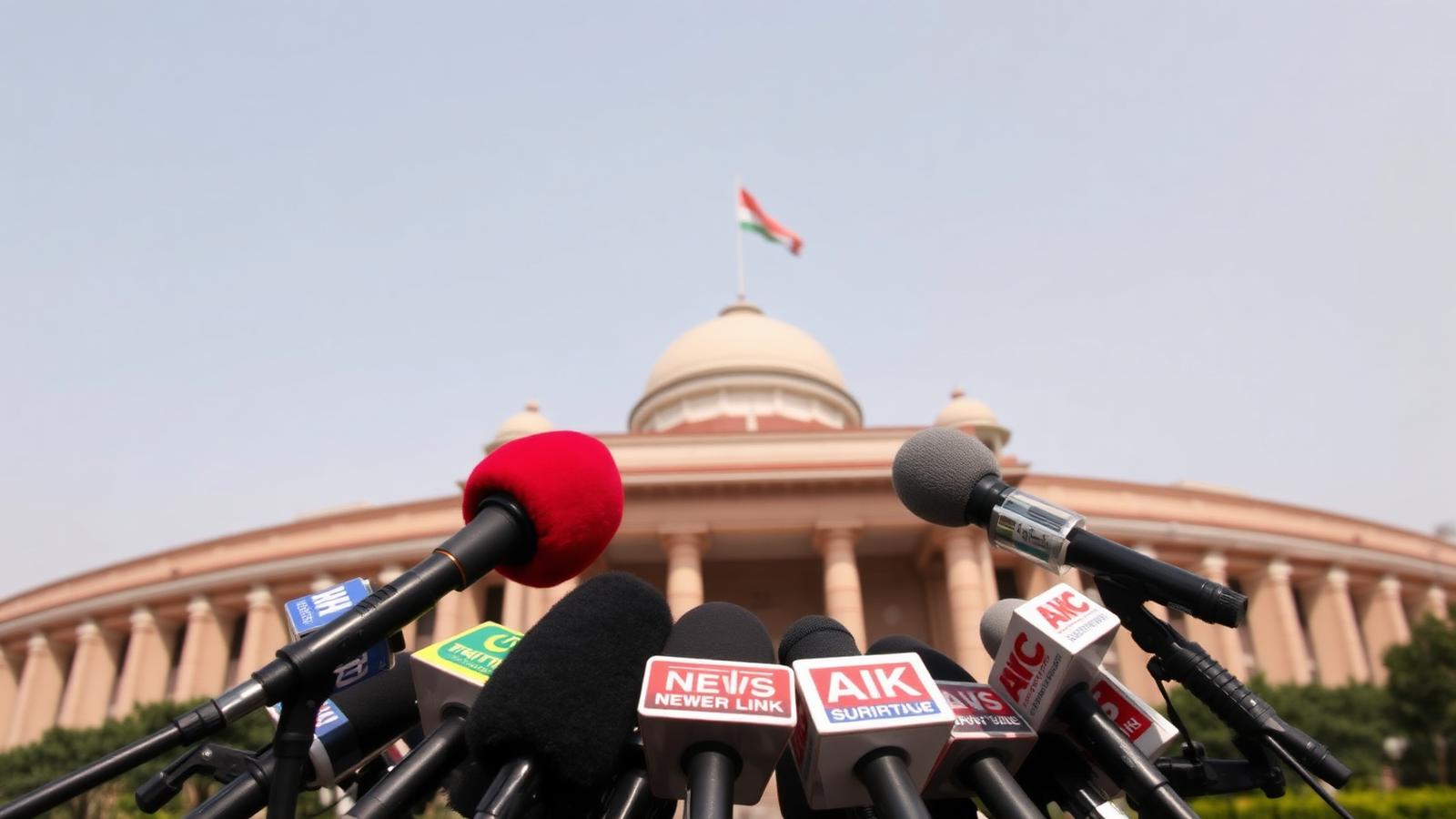 संसद भवन के बाहर माइक